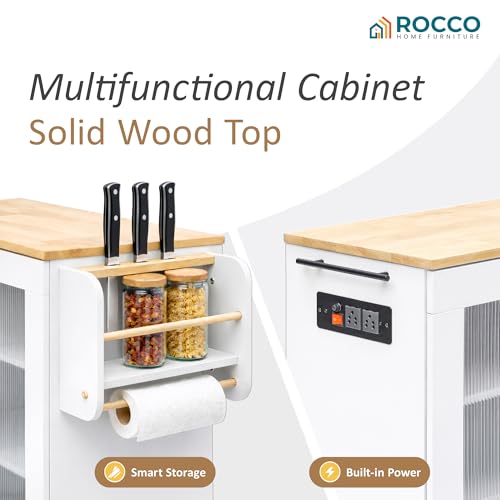 Image of Rocco Walky Kitchen Island Storage Cabinet with Wheels, Solid Rubber Wood Top, Fluted Acrylic Doors, Built-in Power Sockets & LED Lights, Soft-Close Hinges & Side Organizer (White, Medium Size)