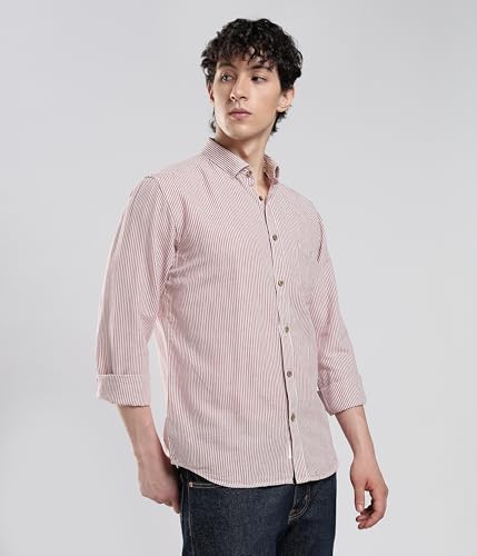 Image of TURMS Men's Casual Striped Linen Shirt | Water Repellent | Anti Stain Anti Odor | Kansas Linen | Concealed Button Down Collar | Full Sleeves