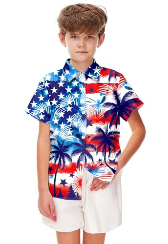 Image of Remimi Unisex Kids 4th of July Button Up Shirt Boys American Flag Print Hawaiian Beach Short Sleeve Tops 5-14 Years