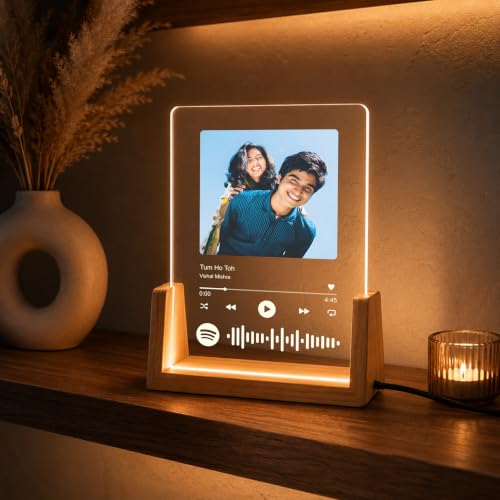 Image of Giftplease Custom Spotify Photo Frame with LED Light, Personalized Acrylic Music Plaque with Photo & Song QR Code, Wooden Base Night Lamp, Birthday, Anniversary, Valentine's | Husband, Wife, Mom, Dad