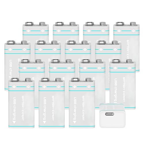 Baterías Recargables Voltaje Constante 9V 1000mAh Alta Capacidad Carga USB Tipo C Batería 6F22 6LR61 PP3 para Alarmas Humo, Multímetros, Controles Remotos y Walkie-Talkies (16 Piezas)