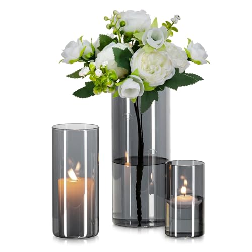 Glasseam Glasvase Zylinder Vase Grau: 3 Stück Glas Vasen Set für Wohnzimmer Deko Glaszylinder Windlicht - Runde Blumenvase Modern Glasvasen für Tischdeko Tulpen Pampasgras (10/15/20cm) Glasseam Glasvase Zylinder Vase Grau: 3 Stück Glas Vasen Set für Wohnzimmer Deko Glaszylinder Windlicht - Runde Blumenvase Modern Glasvasen für Tischdeko Tulpen Pampasgras (10/15/20cm)