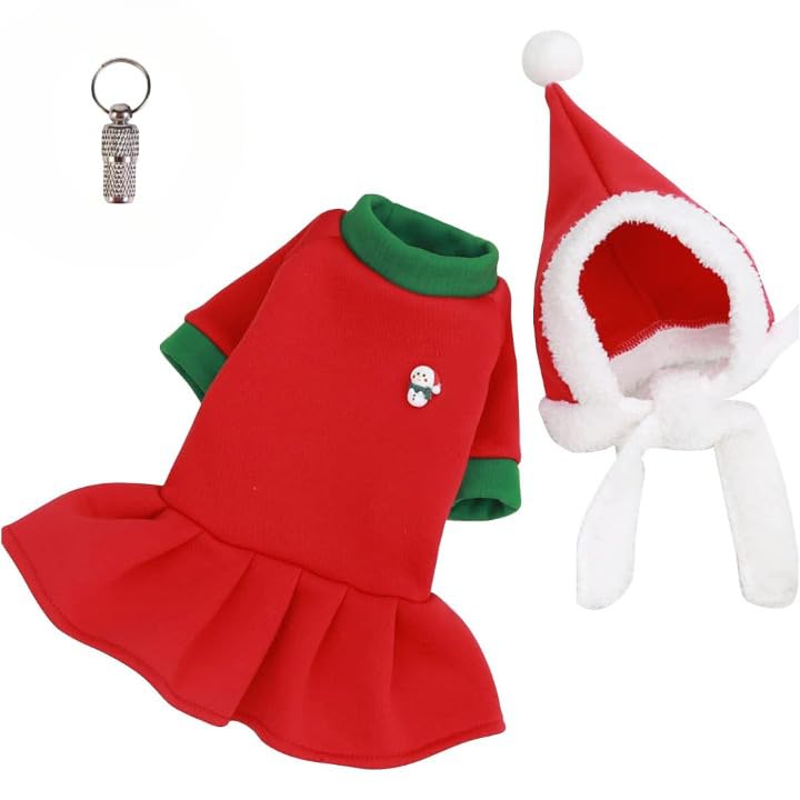 PETSARY Dog Xmas Sweater & Elf Hat with 1 Pcs Pet Id Tag Gift - Dog Breathable Cool Costume Vest Outfit - Merry Christmas Winter Warm Recovery Suit - Soft Cloth Outerwear (Red, Medium)