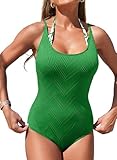 Aleumdr Women 2026 Fashion Tummy Control One Piece Swimsuits Boho Printed Round Neck Bathing Suits Color Block Swimwear Bright Green X-Large