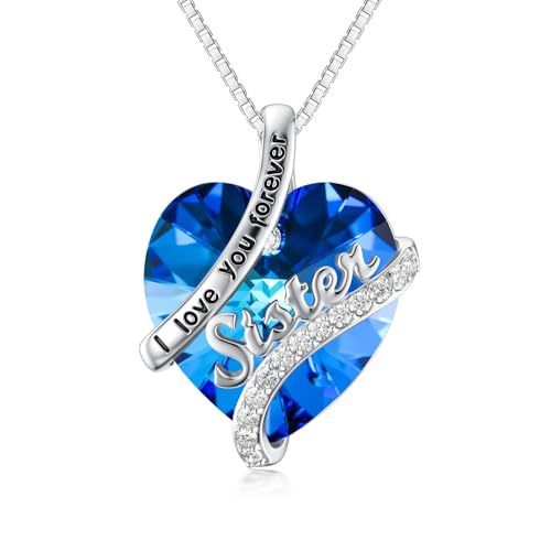 OCJ Sister Gifts from Sisters Birthstone Necklace 925 Sterling Silver Heart 2 3 Sisters Necklace Crystal Jewelry Birthday Graduation Mothers Day Gifts for Women Sister Friends Female