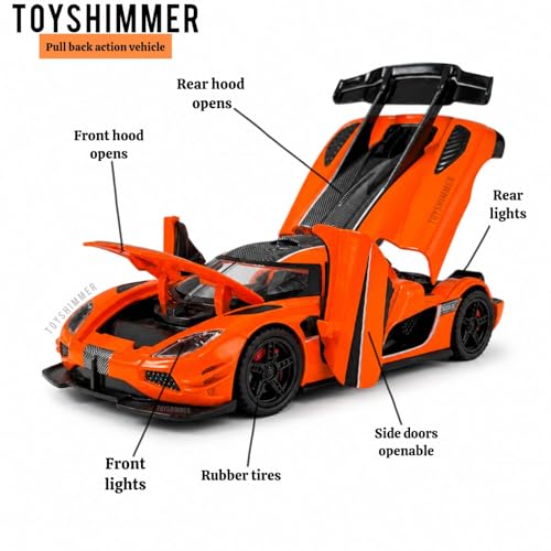 Image of 1:32 Scale Die Cast Sports Car Model - Metal Body Pull Back Toy Car with Openable Doors, Realistic Design for Kids & Collectors (Koenigsegg one Style, Color -Orange)