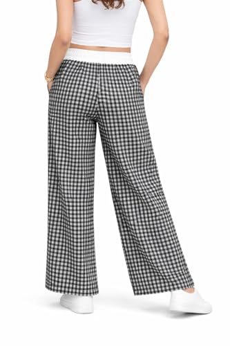 Image of Women's Cotton Wide Leg Palazzo Pants | Gingham Check Pattern with Drawstring | Elastic Waist | Casual Lounge Wear |