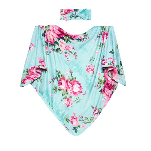 Image of Posh Peanut Baby Swaddle Blanket - Large Premium Knit Viscose from Bamboo - Infant Swaddling Wrap, Receiving Blanket and Headband Set, Baby Shower Newborn Gift (Aqua-Floral)