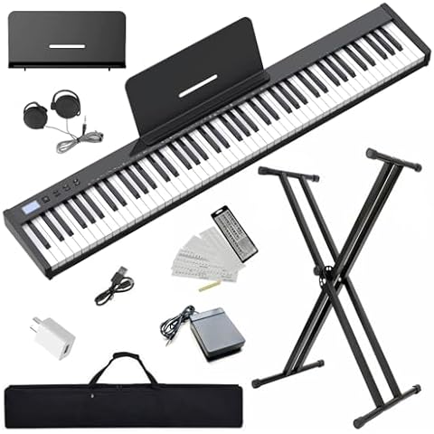 NikoMaku Piano Keyboard 88 Keys Semi-weighted Compact Portable Digital Piano Set for Beginners with Stand, Carrying Case, Sustain Pedal, Headphones, SWAN-S Black Cover