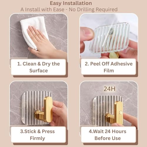 Image of Premium Transparent Wall Hooks with Gold Finish | No Drill Self Adhesive Wall Hooks for Hanging | Waterproof & Strong Hold Wall Hooks for Bathroom, Kitchen, Office & Bedroom Pack of 4