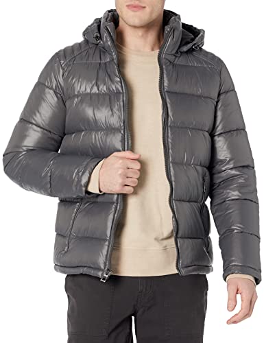 GUESS Men's Mid-Weight Puffer Jacket with Removable Hood, Smoke, Large (119RN716)