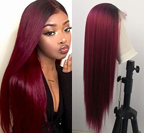 JZYQYH Long Burgundy Lace Front Wig, Omber Wine Red Color Straight Synthetic Wig With Black Roots for Women 24inch