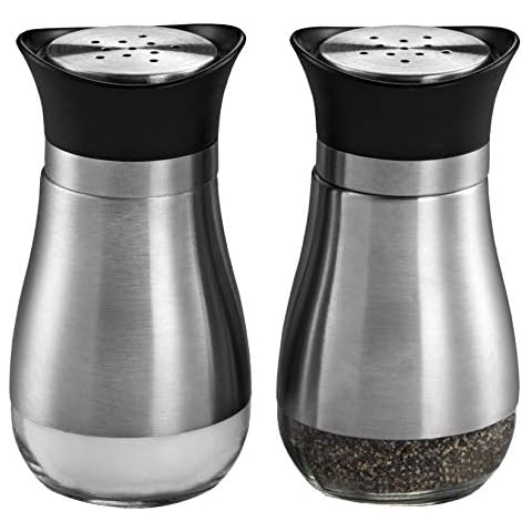 MITBAK Salt and Pepper Shakers (2-Pc. Set) Modern Stainless-Steel w/Clear Glass Bottom | Compact Cooking, Kitchen and Dining Room Use | Classic, Refillable Design (Black) Cover