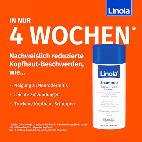 Linola Shampoo, 1 x 200 ml - Pflegeshampoo für trockene, empfindliche oder zu Neurodermitis neigende Kopfhaut - silikonfrei, ohne Farb-, Duft- und Konservierungsstoffe