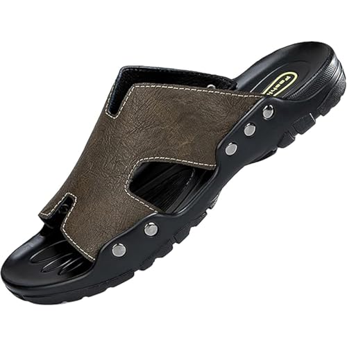 Men's Genuine Leather Slip-On Sandals - Round Toe Summer Casual Slides