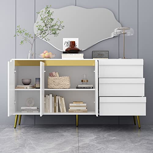 Famapy White And Gold Credenza With Drawers & Doors, Wide Buffet Sideboard Storage Cabinet, Gold Metal Legs, For Kitchen Hallway (63”W X 15.6”D X 33.4”H) #TOP3
