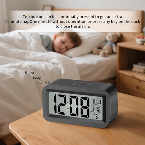 Image of Jamboree!!! Digital Black Clock Large Display with Calendar for Home Office Travel Table Snooze Electronic LED Desktop Clock with Temperature