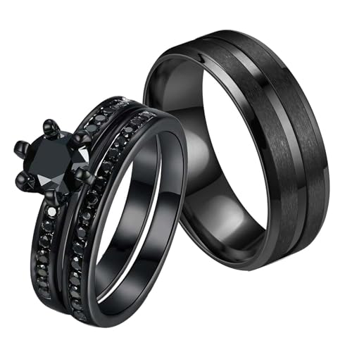 lvrong Couple Rings His Her Black Wedding Ring Sets for Women Titanium Men Ring