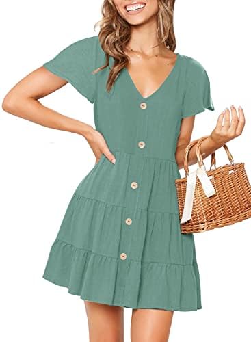 MITILLY Women's Summer Short Sleeve V Neck Button Down Casual Tunic Dress with Pockets Small Sage