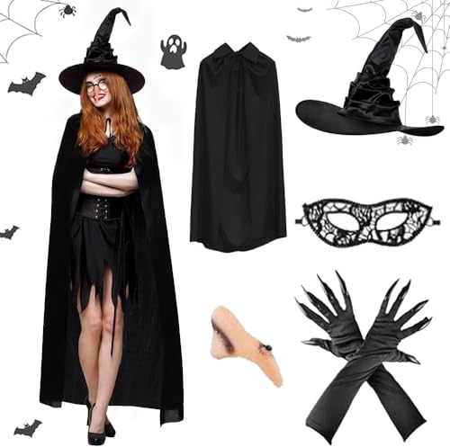 CelestiMingle Halloween Hexenkostüm Damen 5-teiliges Set – Hexenhut, Vampir Umhang, Hexenumhang & Accessoires, Witch Costume für Erwachsene,...