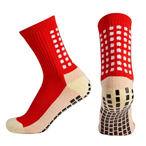 KAIK. Football Grip Socks, High Performance Breathable Non Slip Crew Sports Socks (Red)