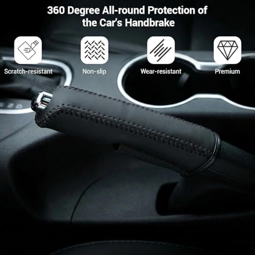Image of STHIRA Leather Sleeve for Car Handle Brake Anti-slip Parking Brake Wrap Cover Anti-scratch Lever Grip Black Finish Universal Fit 14.5x3.5cm Handbrake Cover