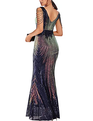 Image of Women 1920s Plus Size Formal Dress Tassels Sleeve Sequins Gatsby Maxi Evening Gown