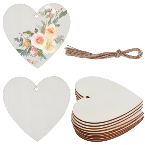 GORGECRAFT 10Pcs Heart Unfinished Wood Ornaments Wooden Hearts Crafts Rustic Blank Wood Craft Kit with Hemp Ropes and Predrilled Holes for Hanging Decoration Embellishments DIY Home Decor