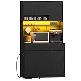Hzuaneri küchenschrank, Buffetschrank, Hochschrank mit Steckdosen und Led-Lichtleisten, mit Arbeitsplatten und 2 Schubladen, Verstellbare Einlegeböden, Küche, 40 x 100 x 180 cm, Schwarz, PT00204XEU