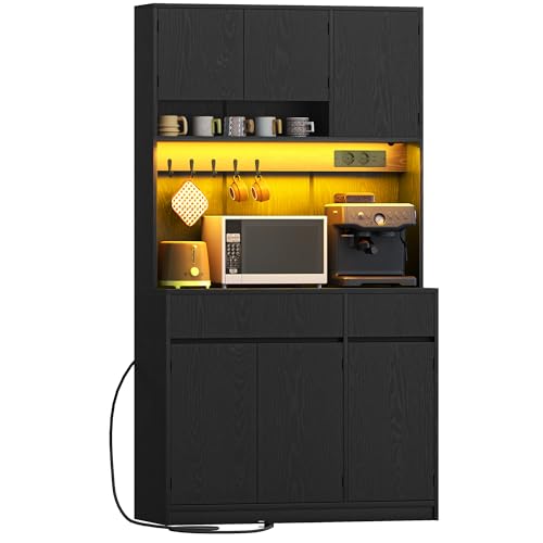 Hzuaneri küchenschrank, Buffetschrank, Hochschrank mit Steckdosen und Led-Lichtleisten, mit Arbeitsplatten und 2 Schubladen, Verstellbare Einlegeböden, Küche, 40 x 100 x 180 cm, Schwarz, PT00204XEU Hzuaneri küchenschrank, Buffetschrank, Hochschrank mit Steckdosen und Led-Lichtleisten, mit Arbeitsplatten und 2 Schubladen, Verstellbare Einlegeböden, Küche, 40 x 100 x 180 cm, Schwarz, PT00204XEU