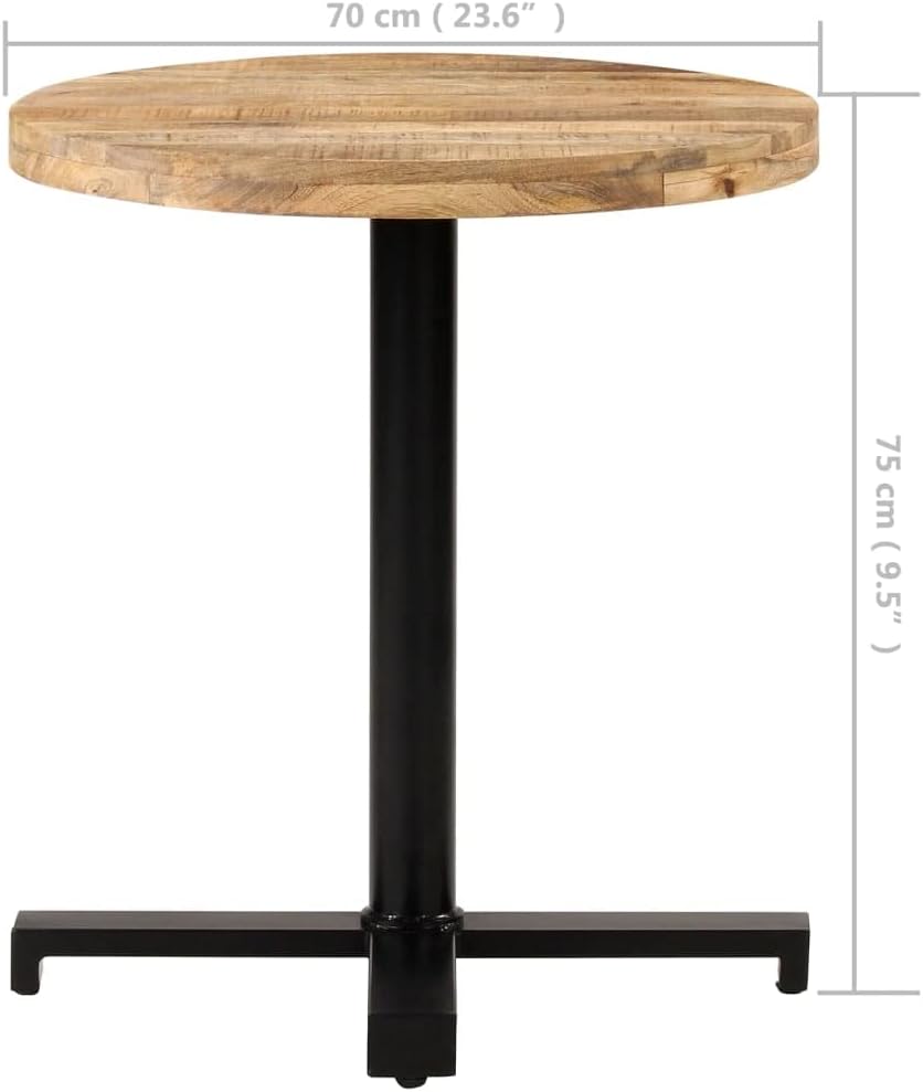 Bistro Table Round 27.6 inch Outdoor Patio Dining Set Rough Mango Wood Natural Finish Black Iron Base Garden Restaurant Cafe