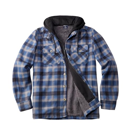 Image of TanBridge Men's Cotton Plaid Shirts Jacket Full Zip Fleece Flannel Sherpa Lined Hoodies Heavyweight Hoodies Jacket for Men