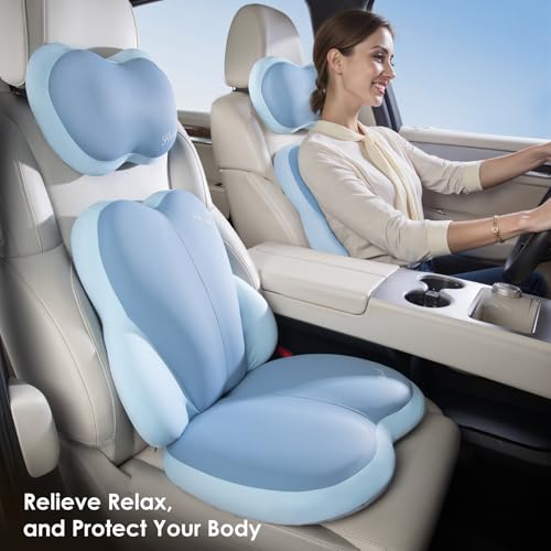 Image of FLORICH 3 PCS Seat Cushion for Carseat Lumbar Support Pillow Car Neck Headrest Pillows Ultrathick Memory Foam Seat Pads Pressure Relief Back Cushion for Office Chair(Blue)