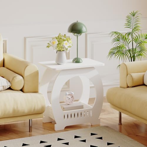 Dripex 2-Tier Side End Table with Storage Shelf Basket, White Small Bedside Table, Slim Arch Narrow Nightstand Small Spaces for Living Room, Bedroom, Bathroom, Balcony