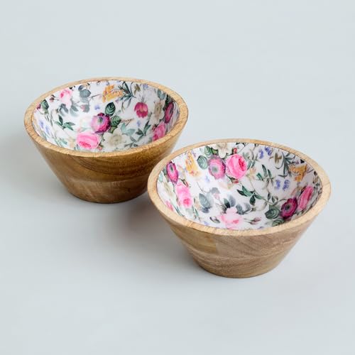 Image of SAAGA Mango Wood Nuts Bowl Set of 2-6 x 3 Inch Decorative Wooden Snack & Dry Fruit Bowls | Soup & Serving Katori for Kitchen - Red Violet