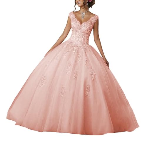 Laces Tulle Quinceanera Dress Appliques Beaded Sequins V-Neck Ball Gown Prom Dresses ZS08