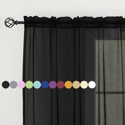 Image of Sheer Curtains for Windows, Window Treatments Semi Crinkle Curtains, Rod Pocket Sheer Privacy Curtains 63 inch Length 2 Panels Set for Living Room Bedroom Kitchen Babyroom Set of 2, 52 inchx 63 inch, Black