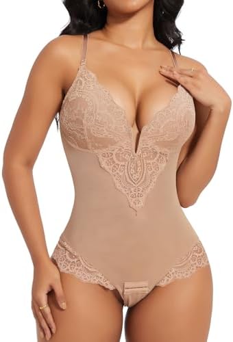 SHAPERIN Sexy Lace Shapewear Bodysuit Women's Sleeveless V Neck Tummy Control Backless Thong Tank Tops Body Suit Shaper