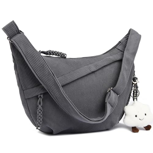 Micmores Crossbody Bag Damen Umhängetasche, Cord Tasche Casual Schultertasche Moon Bag Halbmond Tasche mit verstellbarer Schultergurt, Stylische Handtasche für Arbeit, Reisen, Alltag(Grau)