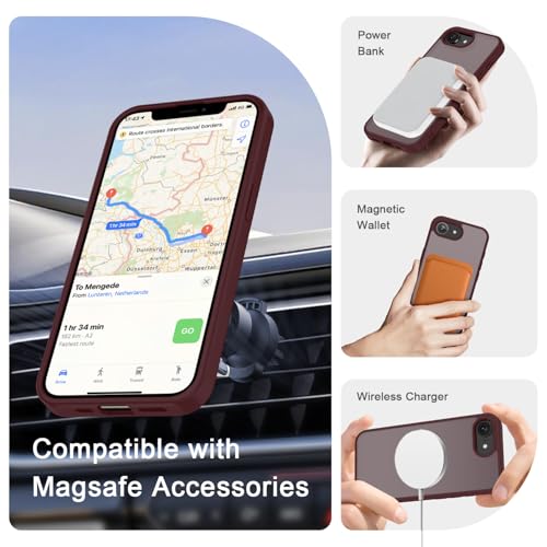 Image of YENAPOON for iPhone 17e Case, iPhone 16e Case, Matte Magnetic Phone Cover [with 1 Screen Protector] [Support for MagSafe] [Shockproof Military Grade Protection] Translucent Frosted Back, Wine Red