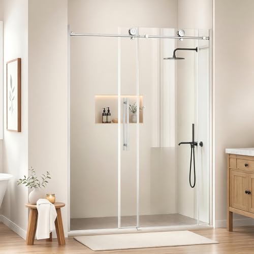 WinZo Frameless Shower Door 56-60 in W x 75 in H, Sliding Shower Door with 5/16"(8mm) Clear Tempered Glass Shower Door, Easy to Clean Bathroom, Silent Soft-Close Design, Brushed Nickel