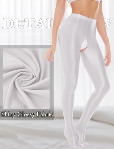 Image of FEOYA Women's Open Crotch Oil Shiny Pantyhose High Waist Control Top Silky Oily Crotchless Footed Tights Stockings