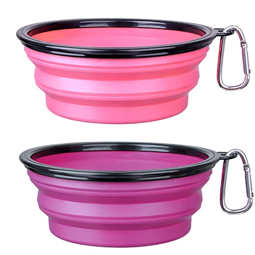 Image of SLSON Dog Bowl Pet Collapsible Bowls, 2 Pack Collapsible Dog Water Bowls for Cats Dogs, Portable Pet Feeding Watering Dish for Walking Parking Traveling with 2 Carabiners (Large, Pink+Purple),Silicone