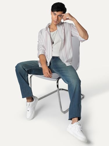Image of Urbano Fashion Men's Cotton Full Sleeve Relaxed Fit Linen Striped Shirt with Spread Collar