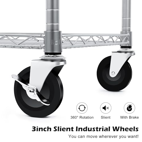 WDT Heavy Duty 3 Tier Utility Cart,Wire Rolling Carts with Wheels, Commercial Grade Service Cart with Shelving Liners and Handle Bar Metal Carts for Kitchen Office Hardware (750LBS Capacity Silver) - Thumbnail 5