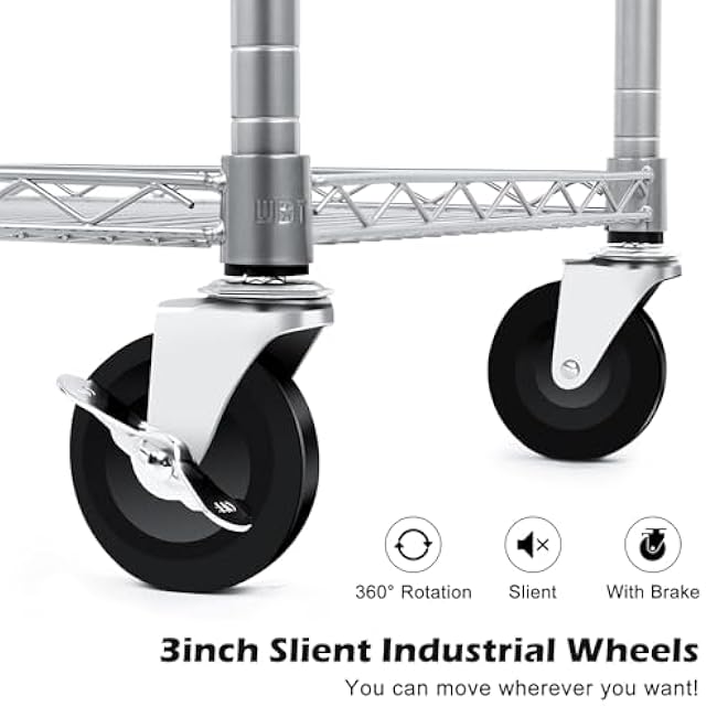 WDT Heavy Duty 3 Tier Utility Cart,Wire Rolling Carts with Wheels, Commercial Grade Service Cart with Shelving Liners and Handle Bar Metal Carts for Kitchen Office Hardware (750LBS Capacity Silver)-otBFz7Ss