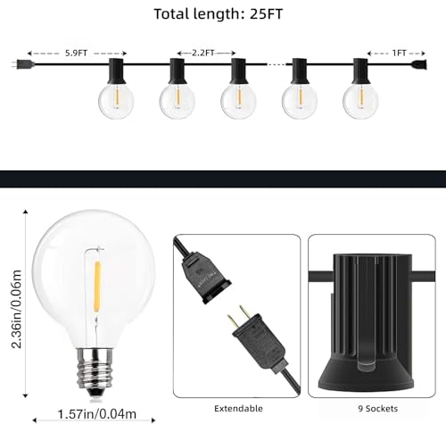 GPATIO Outdoor String Lights, 25FT G40 Bulbs Shatterproof Patio Lights, Waterproof Dimmable Hanging Outdoor Lights, Connectable LED Outside Lights for Backyard Yard Gazebo Porch Party by GPATIO - Used condition - Image 6