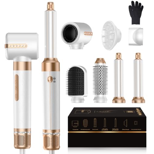 Blow Dryer Brush 7 in ONE，Autowrap Curling Wand, 110,000 RPM High-Speed Negative Ionic Hair Dryer with Diffuser Concentrator, Round Brush Blow Dryer Air Styler, Volumizing Hair Styling Tools