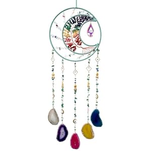 Agate Gemstone Large Dream Catchers, 7 Chakra Tree of Life Dream Catchers Wall Decor, Natural Agate Slice Wind Chime for Home Garden Suncatchers Decor, Adults Boys Girls Bless Gifts (Rainbow Moon)