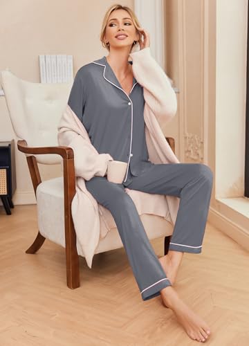 Image of Ekouaer Pajamas Women's Long Sleeve Sleepwear Soft Button Down Loungewear Pjs Lounge Set Nightwear XS-XXL